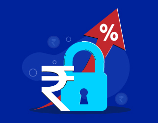  a blue lock with a rupee sign and a red arrow