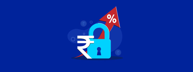 a blue lock with a rupee sign and a red arrow